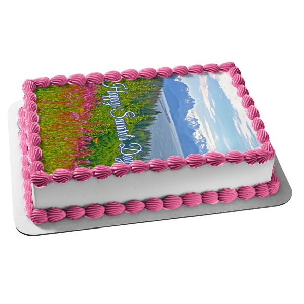 Happy Seward's Day Flowers and Mountains Edible Cake Topper Image ABPID55270
