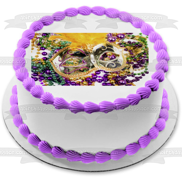 Happy Mardi Gras Gold Mask Jewels Edible Cake Topper Image ABPID55235