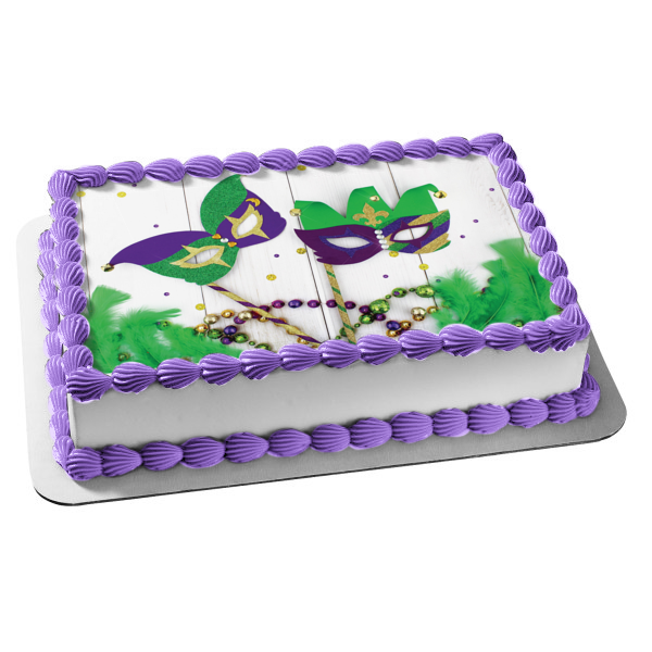 Happy Mardi Gras Colorful Masks and Jewels Edible Cake Topper Image ABPID55238