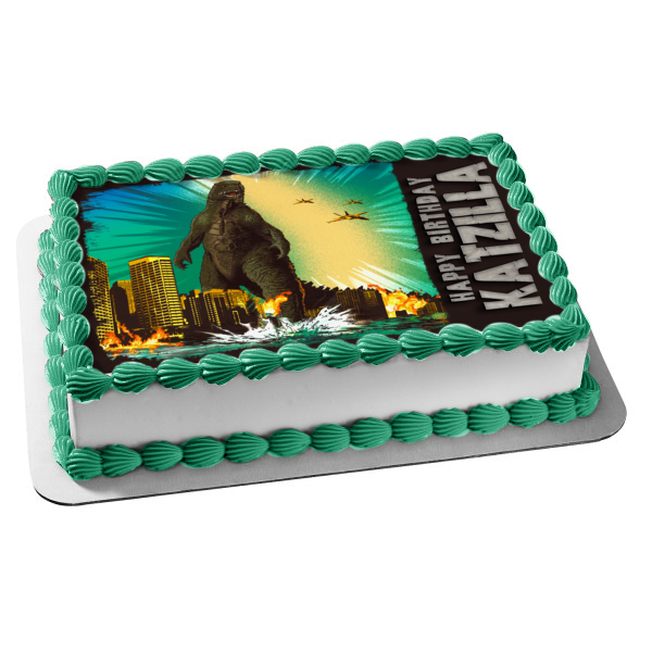 Godzilla Jets Buildings Fire and Water Edible Cake Topper Image ABPID04637