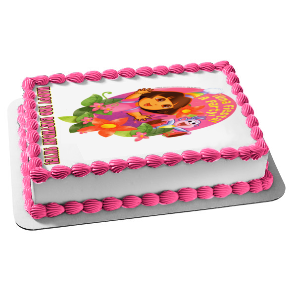 Dora the Explorer Boots a Birthday Party Hats and Flowers Edible Cake Topper Image ABPID06127