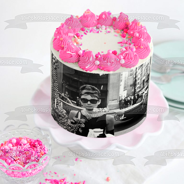 Audry Hepburn Car Jewelry In Black and White Edible Cake Topper Image ABPID06307