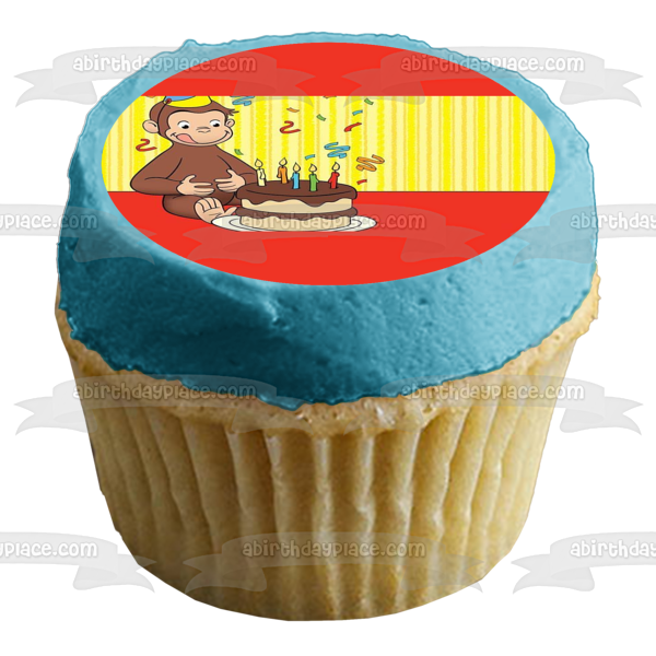 Curious George Happy Birthday Cake Hat and Streamers Edible Cake Topper Image ABPID06322