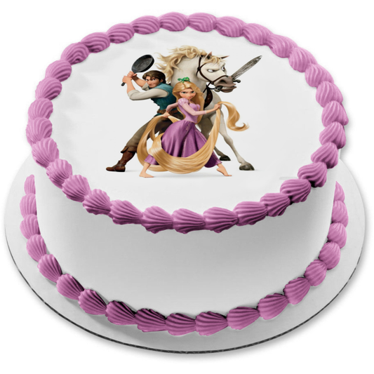 Tangled Rapunzel Flynn Rider Maximus Sword and a Frying Pan Edible Cake Topper Image ABPID06175
