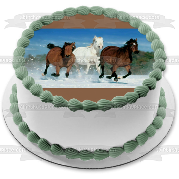 Horses Running Brown and White In the Snow Edible Cake Topper Image ABPID06377