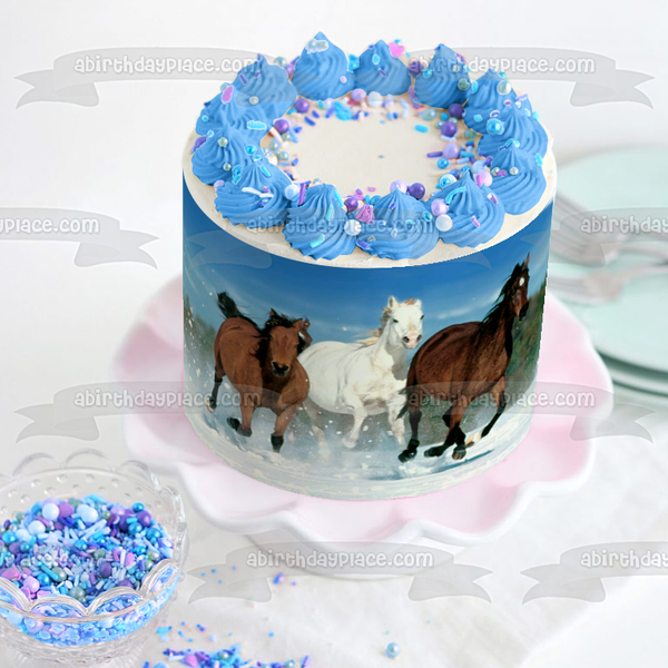 Horses Running Brown and White In the Snow Edible Cake Topper Image ABPID06377