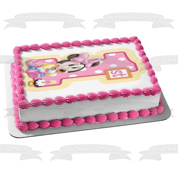 Baby Minnie Mouse Happy 1st Birthday Edible Cake Topper Image ABPID06241