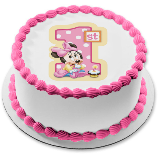 Imagen comestible para decoración de tarta de bebé Minnie Mouse feliz primer cumpleaños ABPID06241 