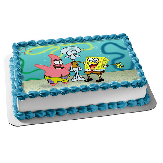 Adorno comestible para tarta de Bob Esponja, Patricio y Calamardo en parte inferior de bikini, imagen ABPID06423 