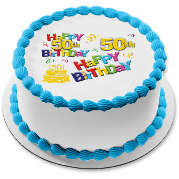 Happy 50th Birthday Cake and Streamers Edible Cake Topper Image ABPID06243