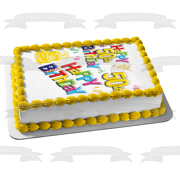 Happy 50th Birthday Cake and Streamers Edible Cake Topper Image ABPID06243