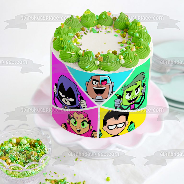 Teen Titans Go Beast Boy Starfire Robin Cyborg and Raven with a Pink Blue and Green Background Edible Cake Topper Image ABPID06442