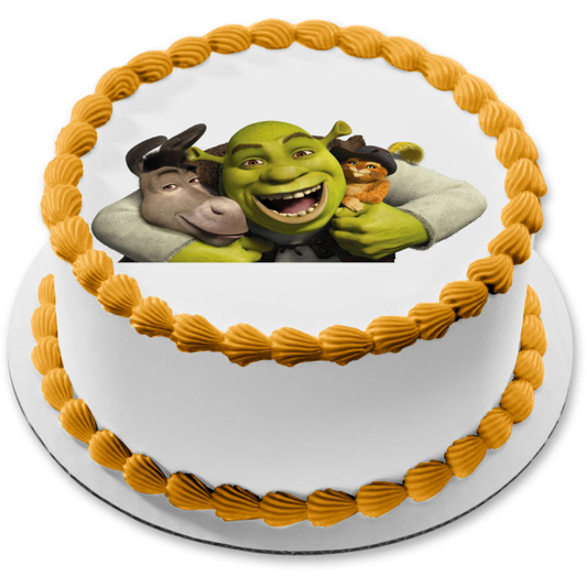Shrek Donkey and Puss In Boots Hugging Edible Cake Topper Image ABPID06600