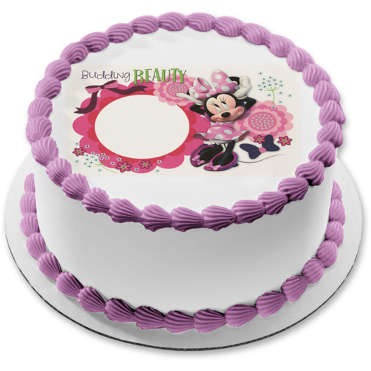 Marco de imagen comestible para decoración de tarta con flores y lazos de Minnie Mouse en ciernes ABPID06603 