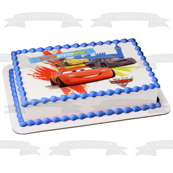 Cars 2 World Grand Prix Lightening McQueen Max Schnell and Miguel Camino Edible Cake Topper Image ABPID06537