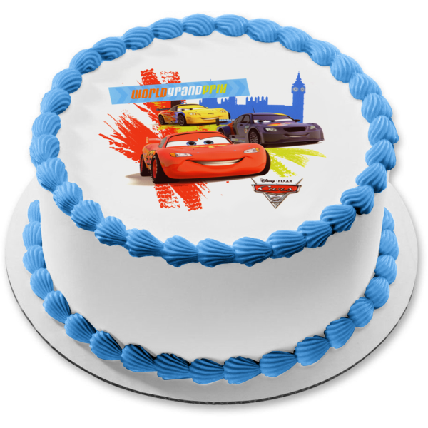 Cars 2 World Grand Prix Lightening McQueen Max Schnell and Miguel Camino Edible Cake Topper Image ABPID06537