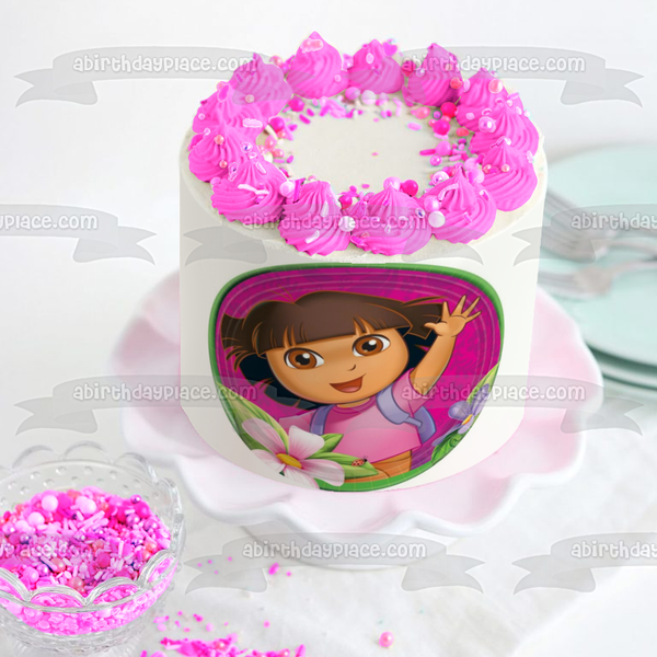 Dora the Explorer Flowers with a  Pink Background Edible Cake Topper Image ABPID06818