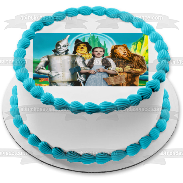 The Wizard of Oz Dorothy the Cowardly Lion Tin Man and the Scarecrow In Front of Emerald City Edible Cake Topper Image ABPID06715