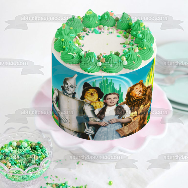 The Wizard of Oz Dorothy the Cowardly Lion Tin Man and the Scarecrow In Front of Emerald City Edible Cake Topper Image ABPID06715