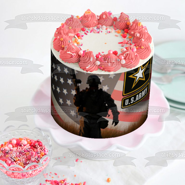 United States Army Seal Soldier and the American Flag Edible Cake Topper Image ABPID06855