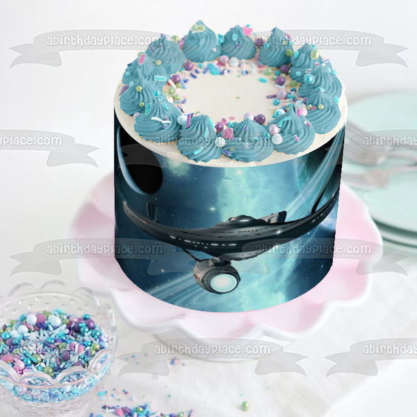 Star Trek USS Enterprise with a Galaxy Background Edible Cake Topper Image ABPID06742