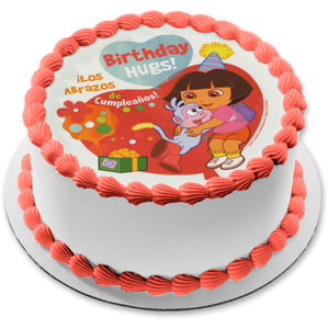 Dora the Explorer Birthday Hugs Boots and Presents Edible Cake Topper Image ABPID06860