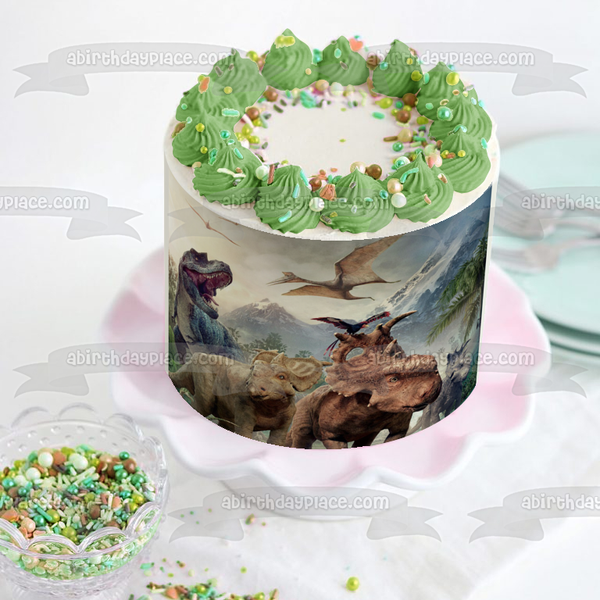 Walking with Dinosaurs Cretaceous Period Tyrannosaurus Rex and Triceratops Edible Cake Topper Image ABPID06879