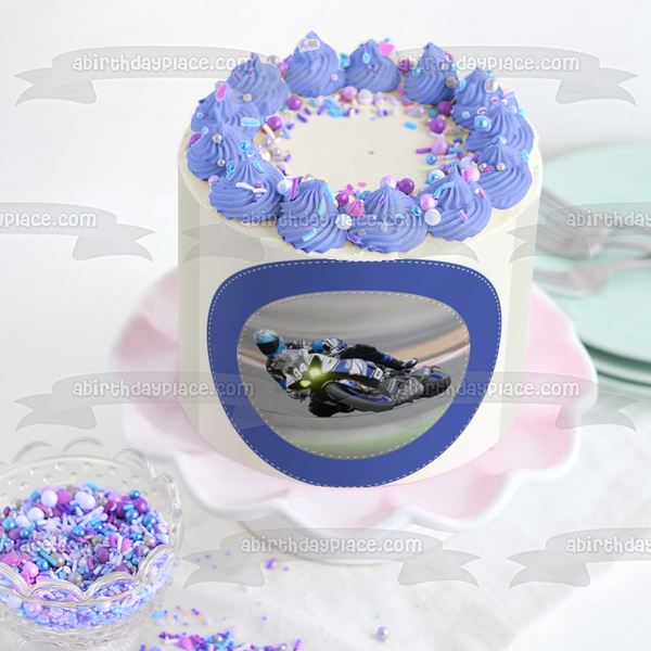 Motorcycle Racer with a Blue Bike and a Blue Background Edible Cake Topper Image ABPID06893