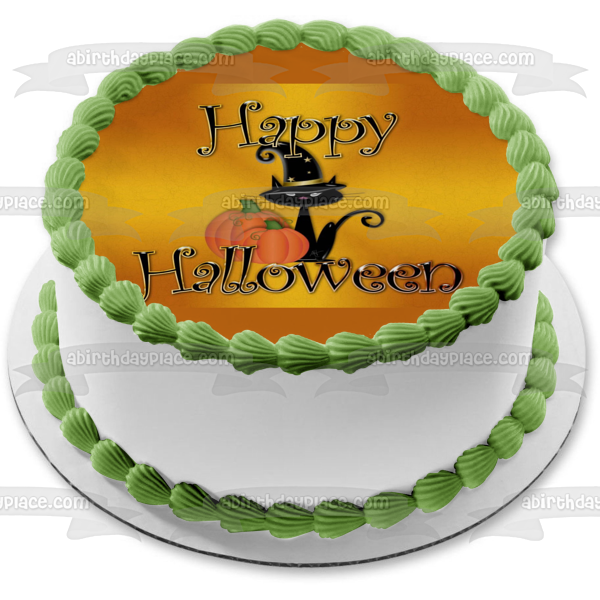 Happy Halloween Pumpkins and a  Black Cat Wearing a Witch Hat Edible Cake Topper Image ABPID06901