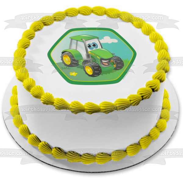 John Deere Tractor Cartoon Sky Clouds and Grass Edible Cake Topper Image ABPID07011