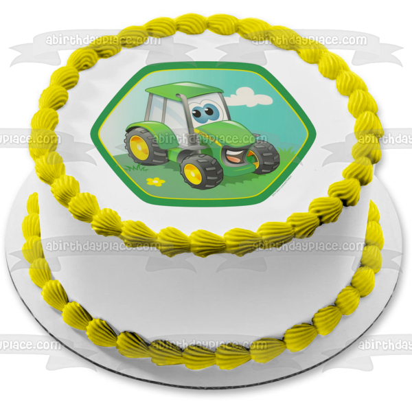 John Deere Tractor Cartoon Sky Clouds and Grass Edible Cake Topper Image ABPID07011