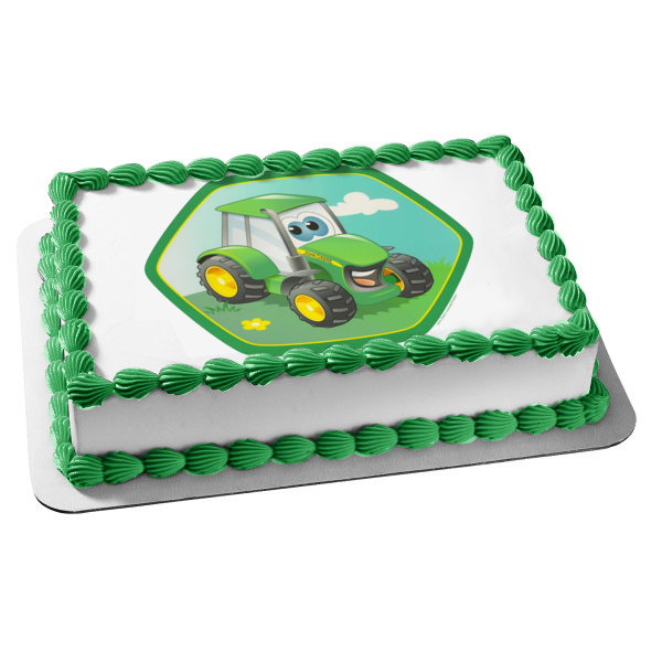 John Deere Tractor Cartoon Sky Clouds and Grass Edible Cake Topper Image ABPID07011
