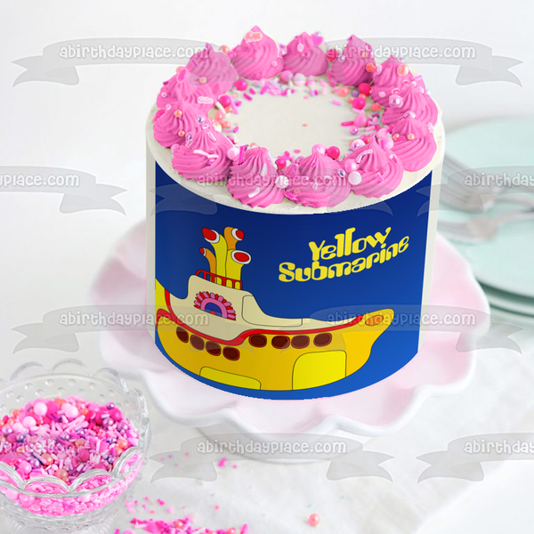 Yellow Submarine Logo and a  Blue Background Edible Cake Topper Image ABPID07016