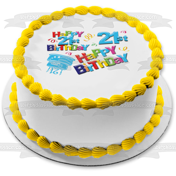 Happy 21st Birthday Cake Streamers and Candles Edible Cake Topper Image ABPID07029