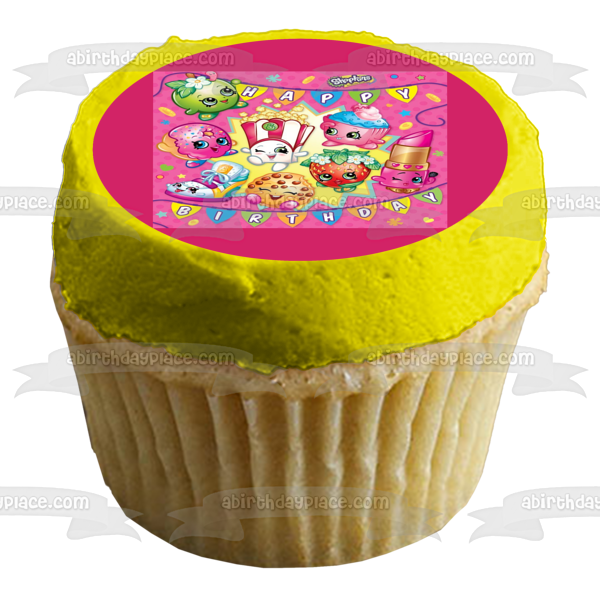Shopkins Apple Blossom Strawberry Kiss Kooky Cookie Lippy Lips Poppy Corn D'Lish Donut Cupcake Chic and Sneaky Wedge Edible Cake Topper Image ABPID07122