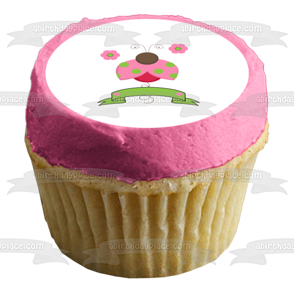 Pink Ladybug Flowers and a Green Banner Edible Cake Topper Image ABPID07141