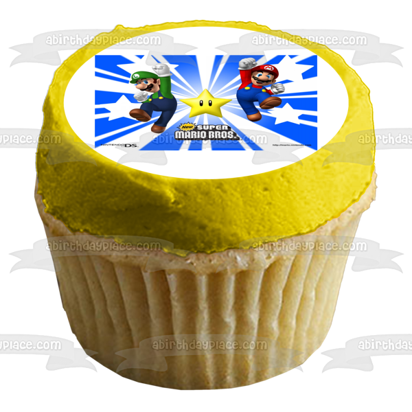 New Super Mario Brothers Luigi and a Yellow Star Edible Cake Topper Image ABPID07154