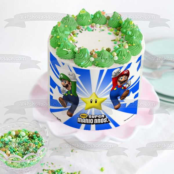 New Super Mario Brothers Luigi and a Yellow Star Edible Cake Topper Image ABPID07154