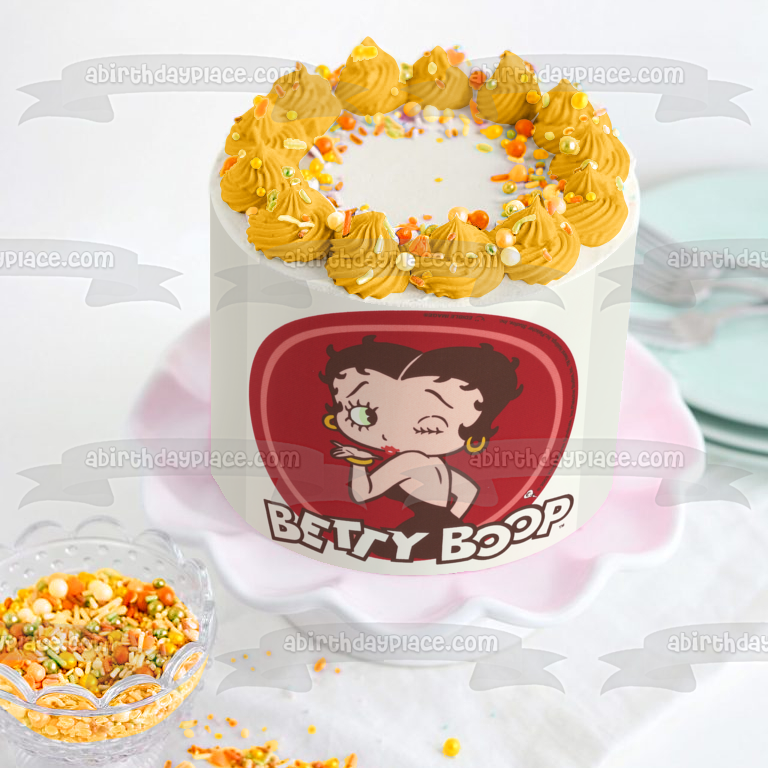 Betty Boop lanzando un beso y un fondo rojo Imagen comestible para decoración de tarta ABPID07213 