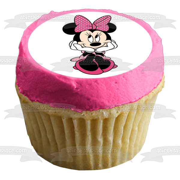 Minnie Mouse Pink Polka Dot Bow and a White Background Edible Cake Topper Image ABPID07396