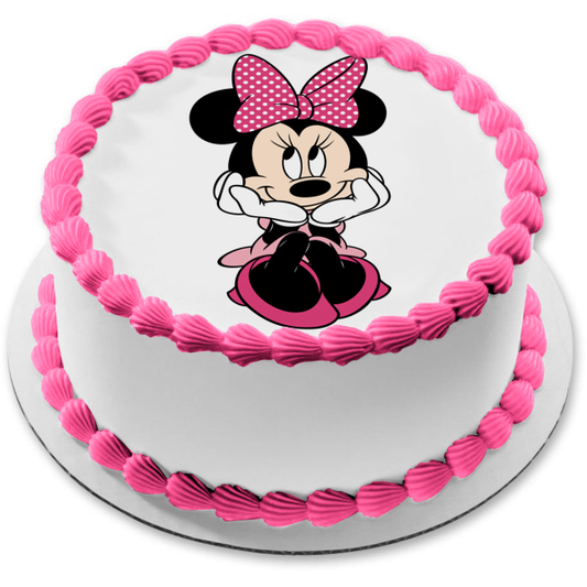 Imagen de adorno comestible para tarta con lazo de lunares rosa y fondo blanco de Minnie Mouse ABPID07396 
