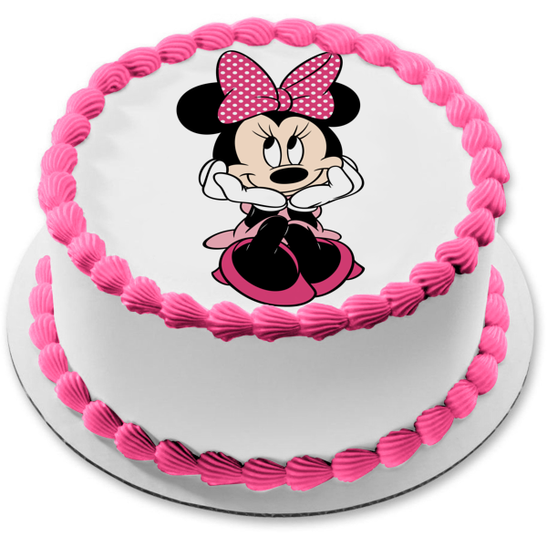 Minnie Mouse Pink Polka Dot Bow and a White Background Edible Cake Topper Image ABPID07396