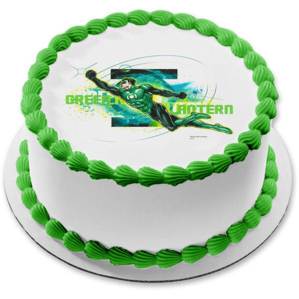 Green Lantern Logo and Him Flying Edible Cake Topper Image ABPID07411