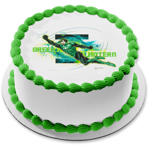 Green Lantern Logo and Him Flying Edible Cake Topper Image ABPID07411