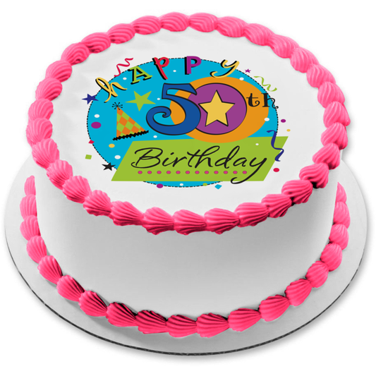Happy 50th Birthday Party Hat Streamers and Stars Edible Cake Topper Image ABPID07266