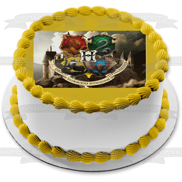 Harry Potter Hogwarts Crests Gryffindor Hufflepuff Emblem Ravenclaw and Slytherin Draco Dormiens Nunquam Titillandus Edible Cake Topper Image ABPID07611