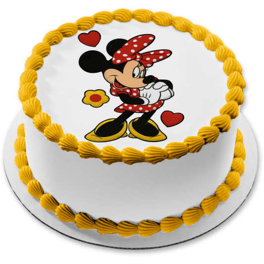 Minnie Mouse Valentine's Day Hearts Flowers Edible Cake Topper Image ABPID07479