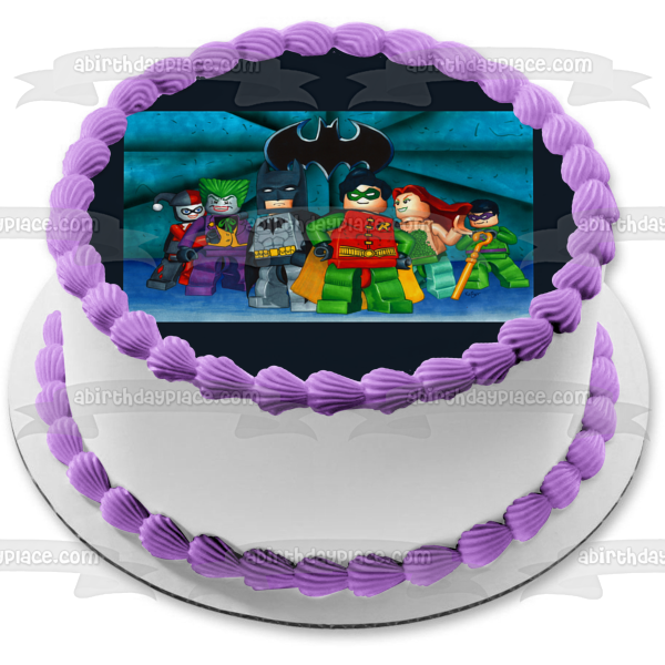 LEGO Batman Logo The Joker Robin Harley Quinn and Poison Ivy Edible Cake Topper Image ABPID07500