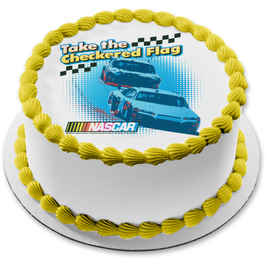 Logotipo de Nascar y coches de carreras toman la bandera a cuadros, decoración comestible para tarta, imagen ABPID07655 