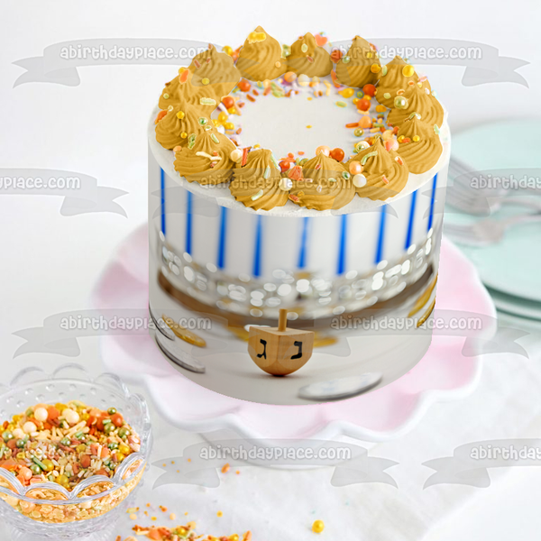 Happy Hanukkah Dreidel and a Menorah Edible Cake Topper Image ABPID07688